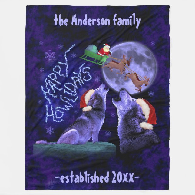 Funny Christmas Wolf Pun Happy Howlidays | Custom Fleece Blanket (Front)