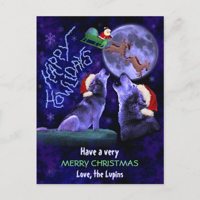 Funny Christmas Wolf Pun Happy Howlidays Custom Holiday Postcard (Front)