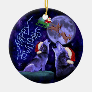 Funny Christmas Wolf Pun Happy Howlidays Humour Ceramic Tree Decoration