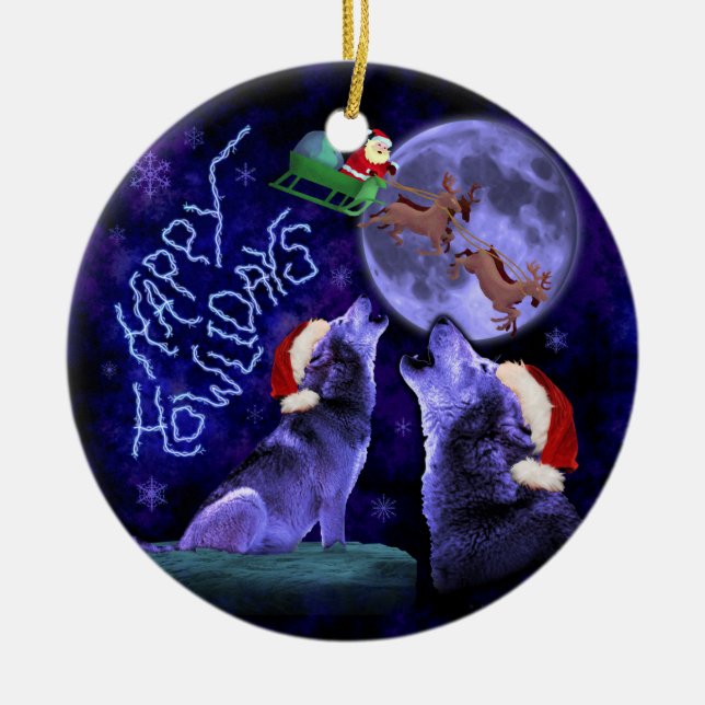 Funny Christmas Wolf Pun Happy Howlidays Humour Ceramic Tree Decoration (Front)