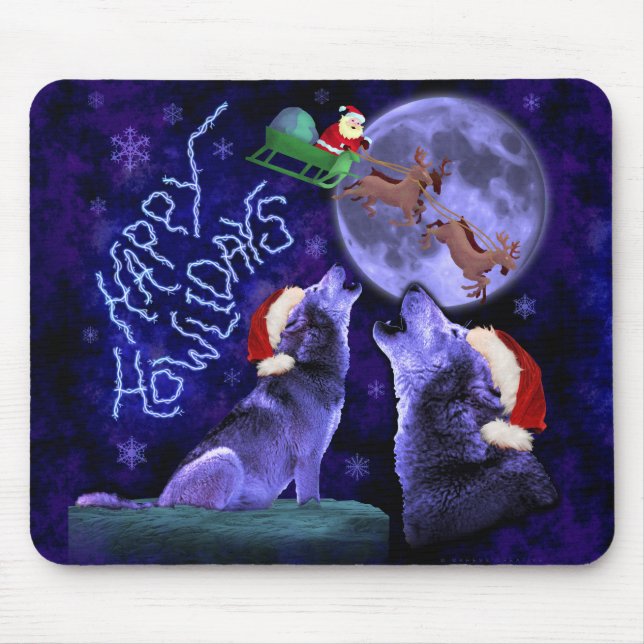 Funny Christmas Wolf Pun Happy Howlidays Humour Mouse Mat (Front)