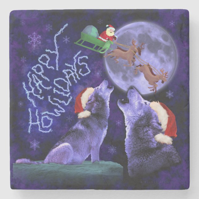 Funny Christmas Wolf Pun Happy Howlidays Humour Stone Coaster (Front)