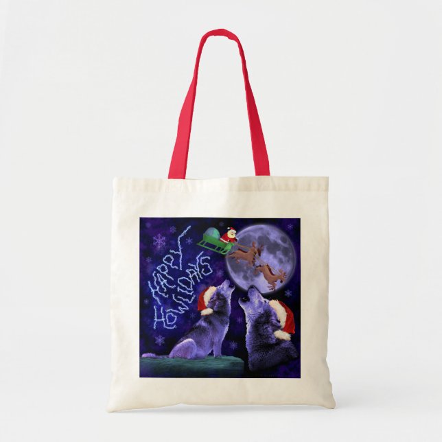 Funny Christmas Wolf Pun Howlidays Humour Tote Bag (Front)