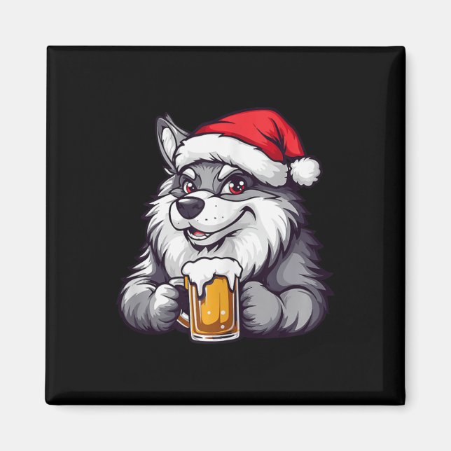 Funny Christmas Wolf With Beer Comic  Magnet (Front)