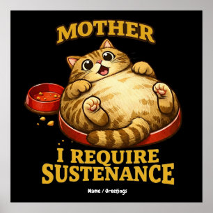 Funny Chubby Cat  “I Require Sustenance" Cute Poster