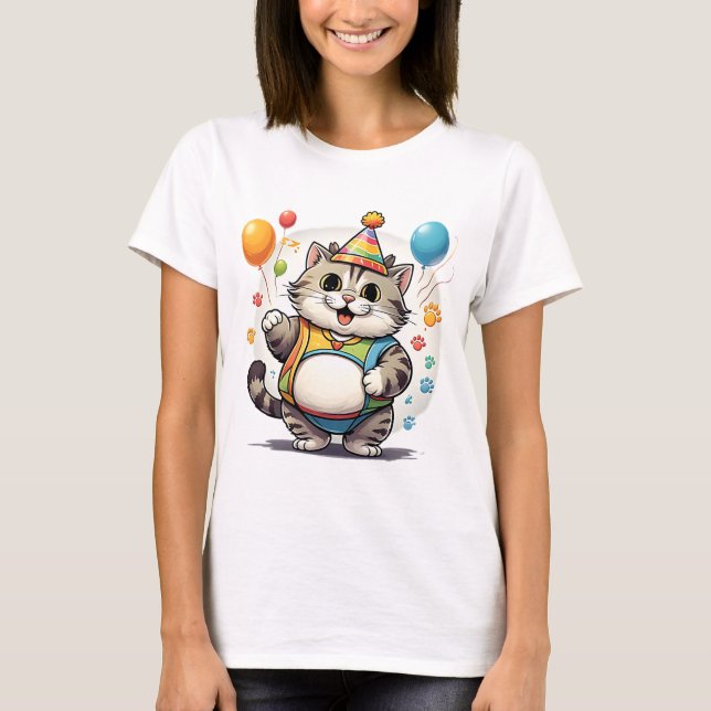 Funny Chubby Cat Party T-Shirt Cute Dancing Kitty (Front)