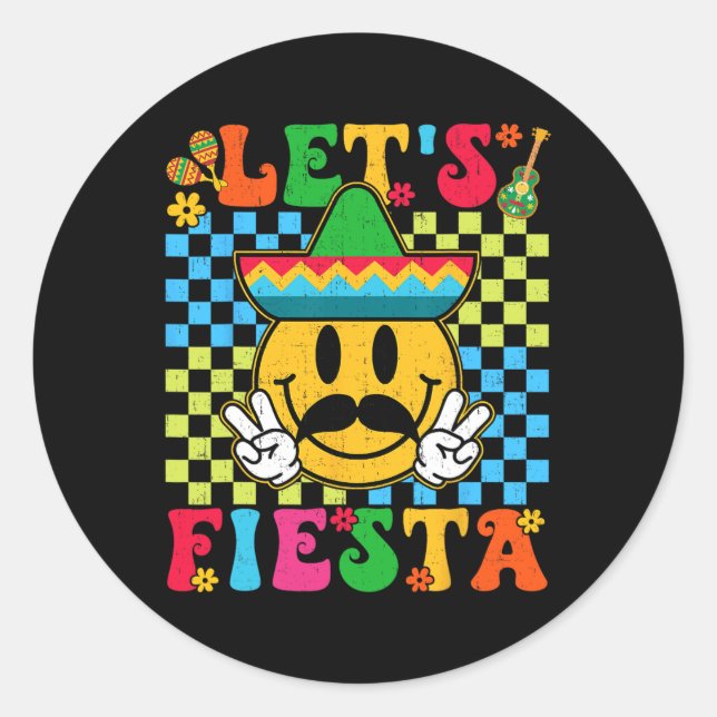 Funny Cinco De Mayo Chequered Let's Fiesta Smile M Classic Round Sticker (Front)