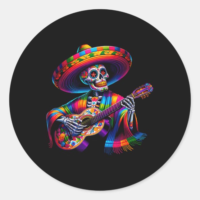Funny Cinco De Mayo Skeleton Skull Fiesta Sombrero Classic Round Sticker (Front)