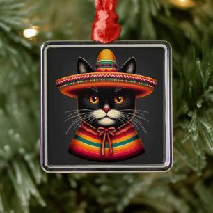 Funny Cinco De Mayo Sombrero Festiva Mexican Cat Metal Tree Decoration