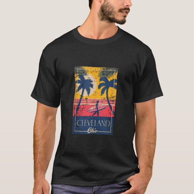 Funny Cleveland Ohio Retro Palm Trees Surf Distres T-Shirt (Front)