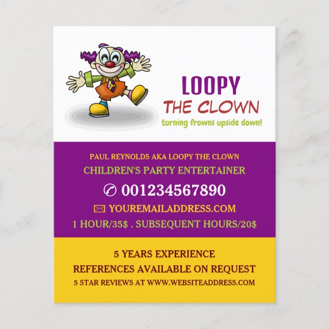 Funny Clown, Kids Entertainer, Clown Advertising Flyer (Front)