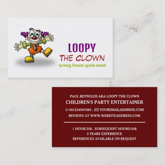 Funny Clown, Kids Entertainer, Clown Business Card (Front/Back)