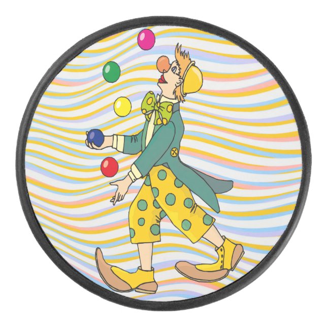 Funny Clown Playing With Colourful Balls Hockey Puck (Front)