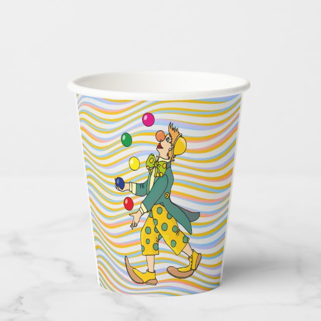 Funny Clown Playing With Colourful Balls Paper Cups (Front)