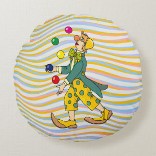 Funny Clown Playing With Colourful Balls Round Cushion