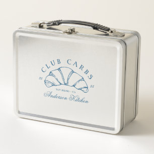 Funny Club Carbs Croissant Hand Drawn Doodle Blue Metal Lunch Box