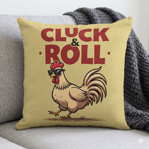 Funny "Cluck & Roll" Cool Rooster Cartoon Design Cushion