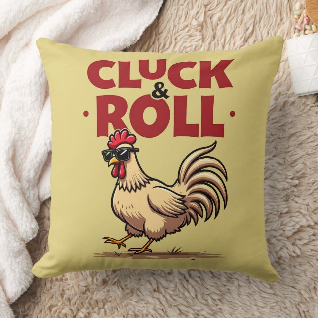 Funny "Cluck & Roll" Cool Rooster Cartoon Design Cushion (Blanket)