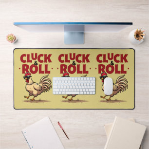 Funny "Cluck & Roll" Cool Rooster Cartoon Design Desk Mat