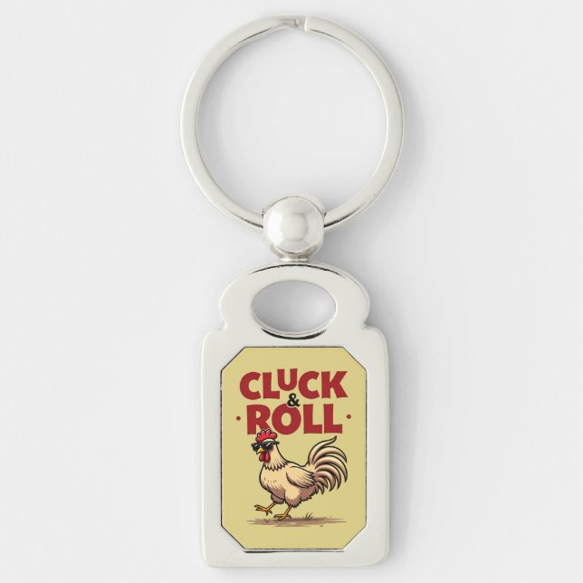 Funny "Cluck & Roll" Cool Rooster Cartoon Design Key Ring (Front)