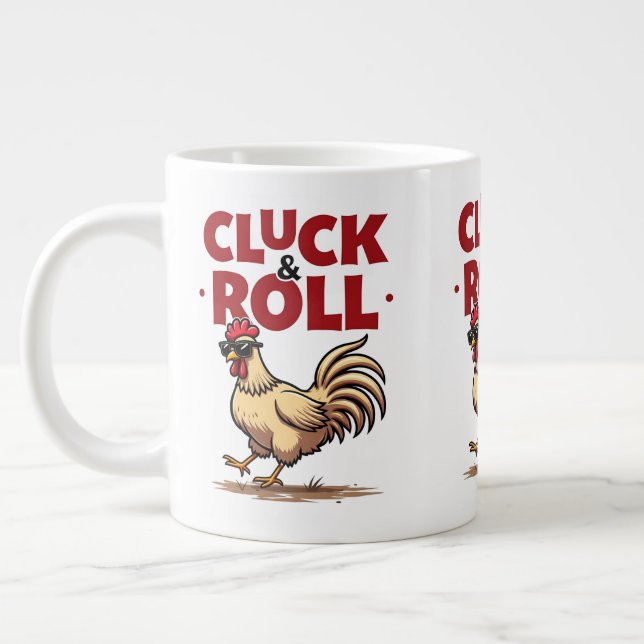 Funny "Cluck & Roll" Cool Rooster Cartoon Design Large Coffee Mug (Left)