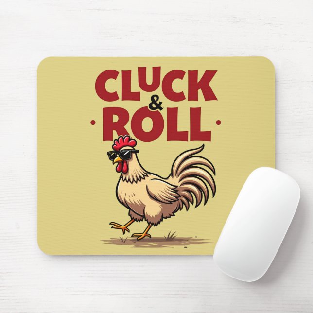Funny "Cluck & Roll" Cool Rooster Cartoon Design Mouse Mat (With Mouse)