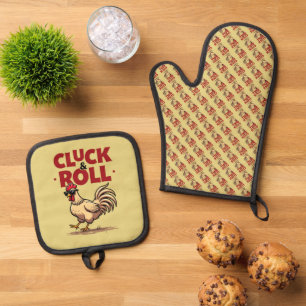 Funny "Cluck & Roll" Cool Rooster Cartoon Design Oven Mitt & Pot Holder Set