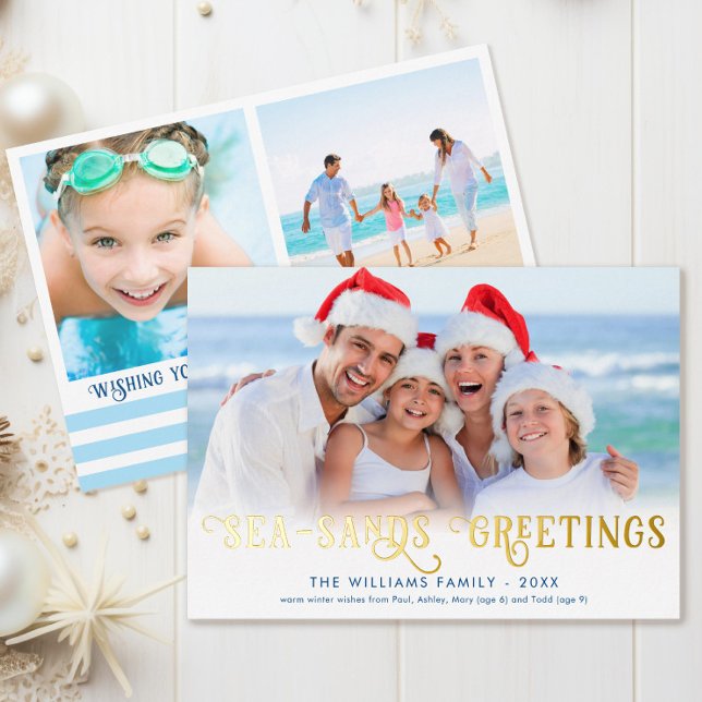 Funny Coastal Christmas Season's Greetings Foil Holiday Card (This funny coastal Christmas card has gold foil on the front and says "Sea Sands Greetings")