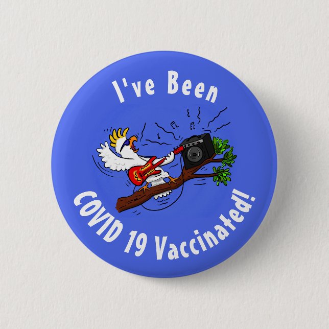 Funny cockatoo playing rock guitar cartoon  6 cm round badge (Front)