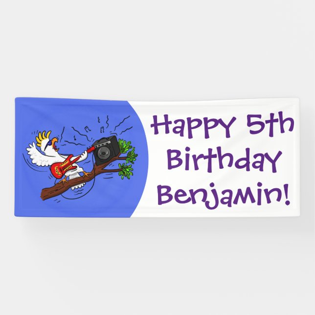 Funny cockatoo playing rock guitar cartoon banner (Horizontal)