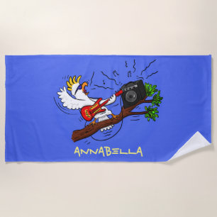 Funny cockatoo playing rock guitar cartoon beach towel