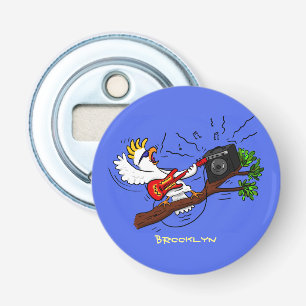 Funny cockatoo playing rock guitar cartoon bottle opener