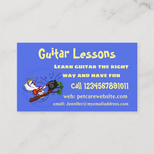 Funny cockatoo playing rock guitar cartoon business card (Front)