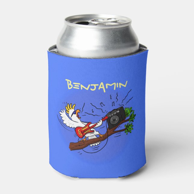 Funny cockatoo playing rock guitar cartoon can cooler (Can Front)