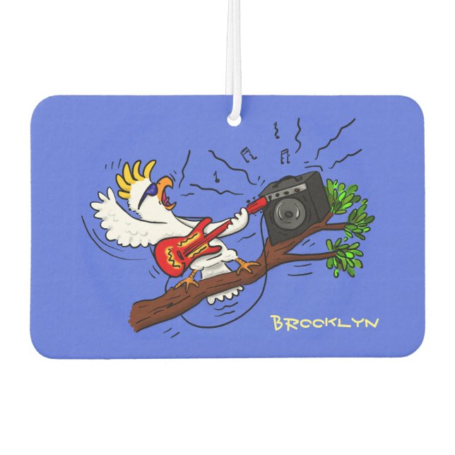 Funny cockatoo playing rock guitar cartoon  car air freshener (Front)