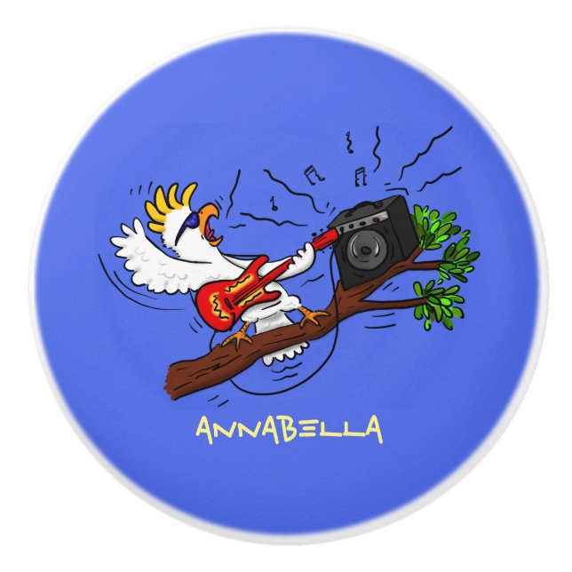Funny cockatoo playing rock guitar cartoon ceramic knob (Front)
