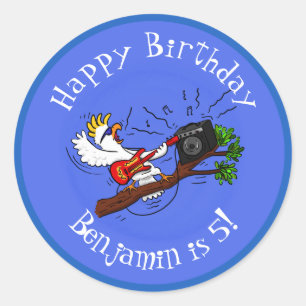 Funny cockatoo playing rock guitar cartoon classic round sticker