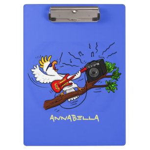 Funny cockatoo playing rock guitar cartoon clipboard