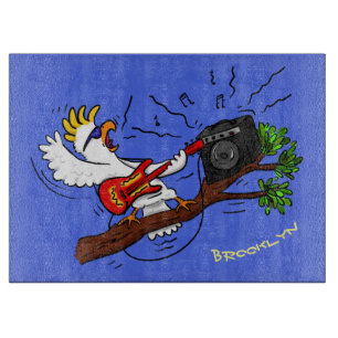 Funny cockatoo playing rock guitar cartoon cutting board