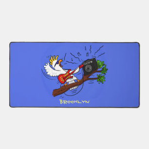 Funny cockatoo playing rock guitar cartoon desk mat