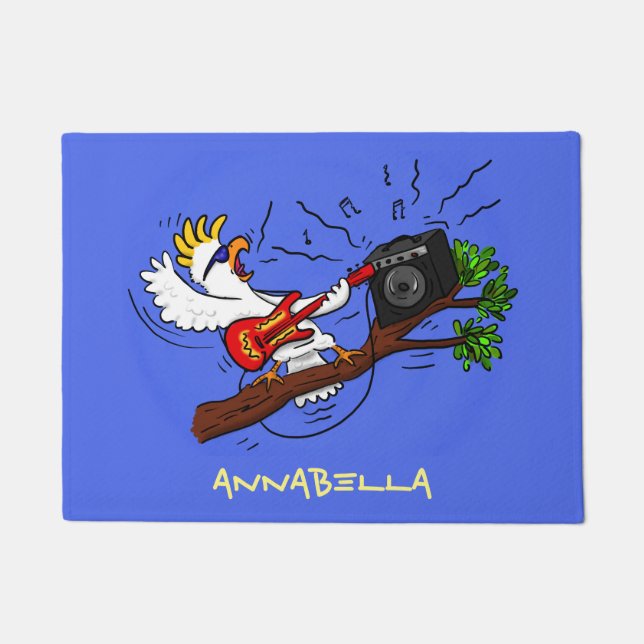 Funny cockatoo playing rock guitar cartoon doormat (Front)
