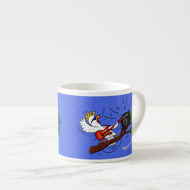 Funny cockatoo playing rock guitar cartoon espresso cup (Front Right)