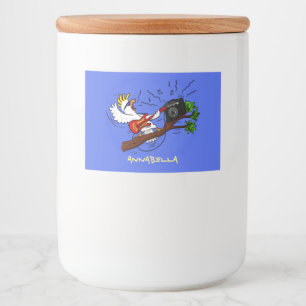 Funny cockatoo playing rock guitar cartoon food label