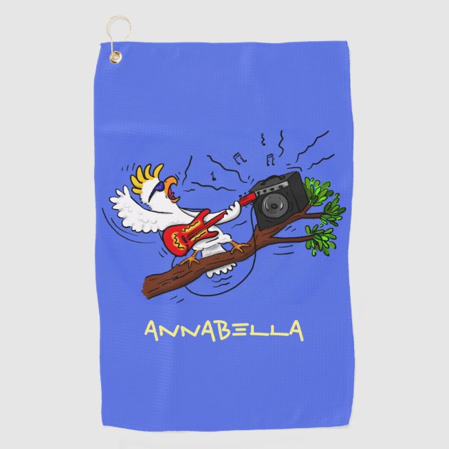 Funny cockatoo playing rock guitar cartoon  golf towel (Front)
