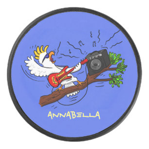 Funny cockatoo playing rock guitar cartoon hockey puck