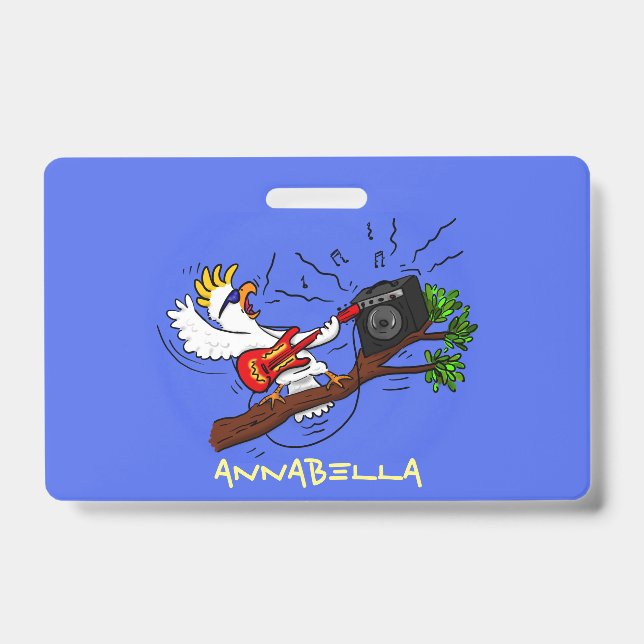 Funny cockatoo playing rock guitar cartoon ID badge (Front)
