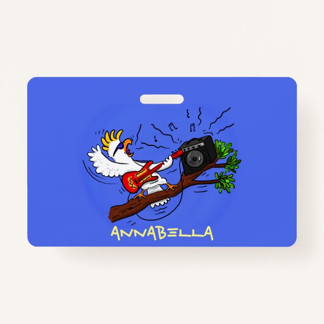 Funny cockatoo playing rock guitar cartoon ID badge (Front)