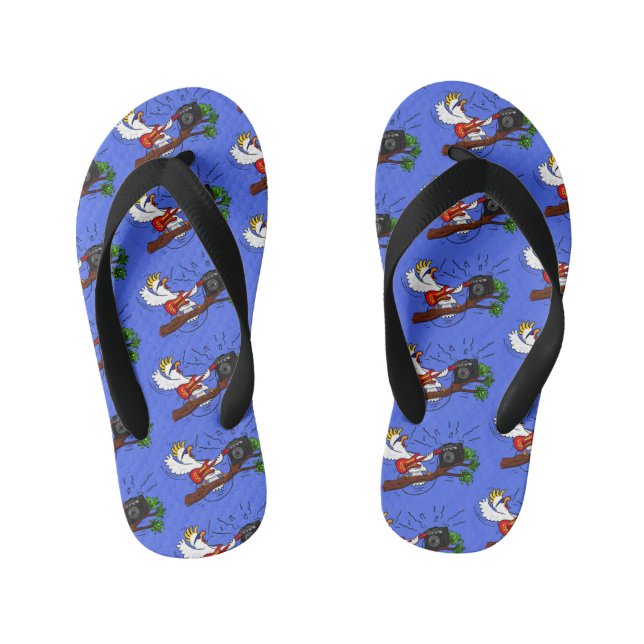 Funny cockatoo playing rock guitar cartoon kid's flip flops (Footbed)