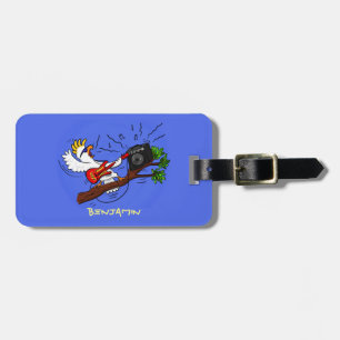 Funny cockatoo playing rock guitar cartoon luggage tag