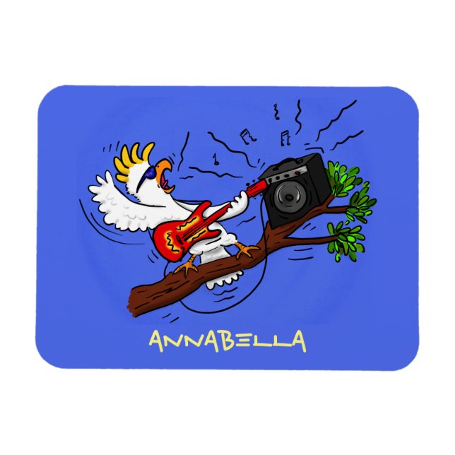 Funny cockatoo playing rock guitar cartoon magnet (Horizontal)